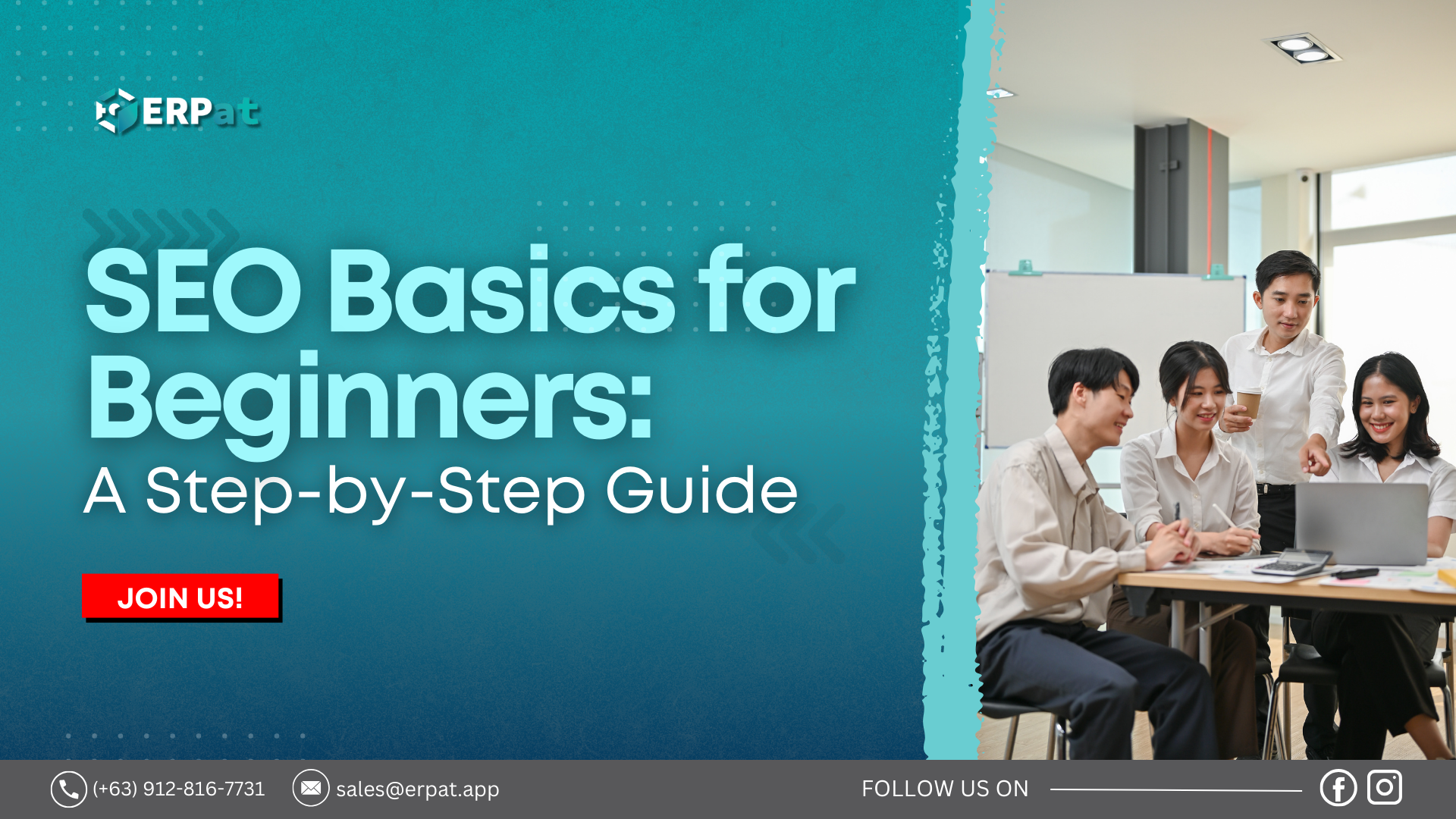 A business-themed graphic with the title "SEO Basics for Beginners: A Step-by-Step Guide."
