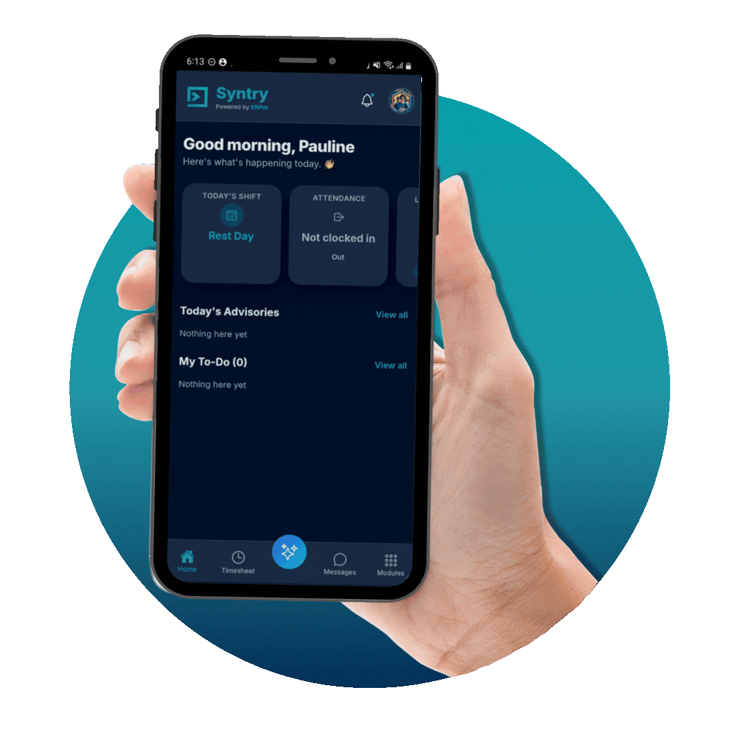 The Syntry time tracking app running on a mobile device