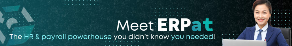 Call-to-action banner for ERP at, featuring the tagline: 'Meet ERP at – The HR & payroll powerhouse you didn’t know you needed!' The design includes a professional woman in business attire smiling at her laptop, a modern teal and dark background with geometric accents, and bold typography emphasizing the ERP at brand.
