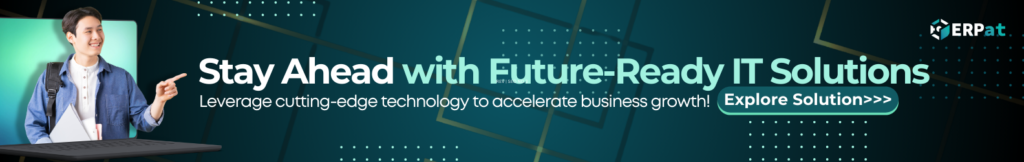 Call-to-action banner stating: 'Stay Ahead with Future-Ready IT Solutions. Leverage cutting-edge technology to accelerate business growth!' The design features bold typography, a sleek modern layout, and a professional color scheme, emphasizing innovation and business advancement through IT solutions.