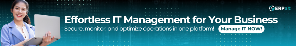 Call-to-action banner stating: 'Effortless IT Management for Your Business. Secure, monitor, and optimize operations in one platform!' The design features bold typography, a sleek modern layout, and a professional color scheme, highlighting seamless IT management solutions.