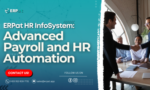 A business-themed graphic with the title "ERPat HR InfoSys and Payroll Automation Software."