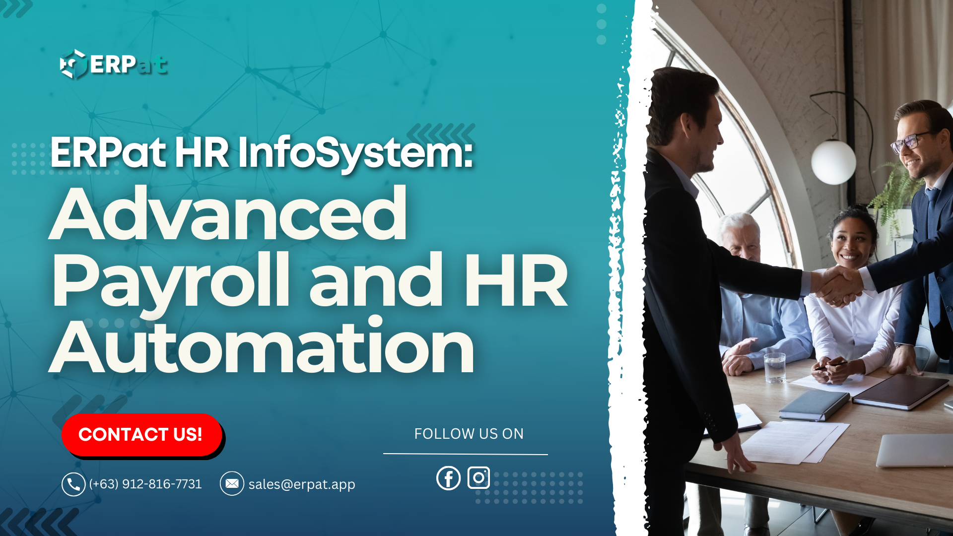A business-themed graphic with the title "ERPat HR InfoSys and Payroll Automation Software."