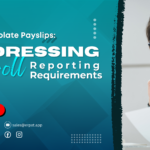 A business-themed graphic with the title "Multi-Template Payslips: Meeting Payroll Reporting Needs."