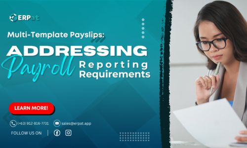 A business-themed graphic with the title "Multi-Template Payslips: Meeting Payroll Reporting Needs."