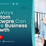 A business-themed graphic with the title "6 Ways Custom Software Can Drive Business Growth."