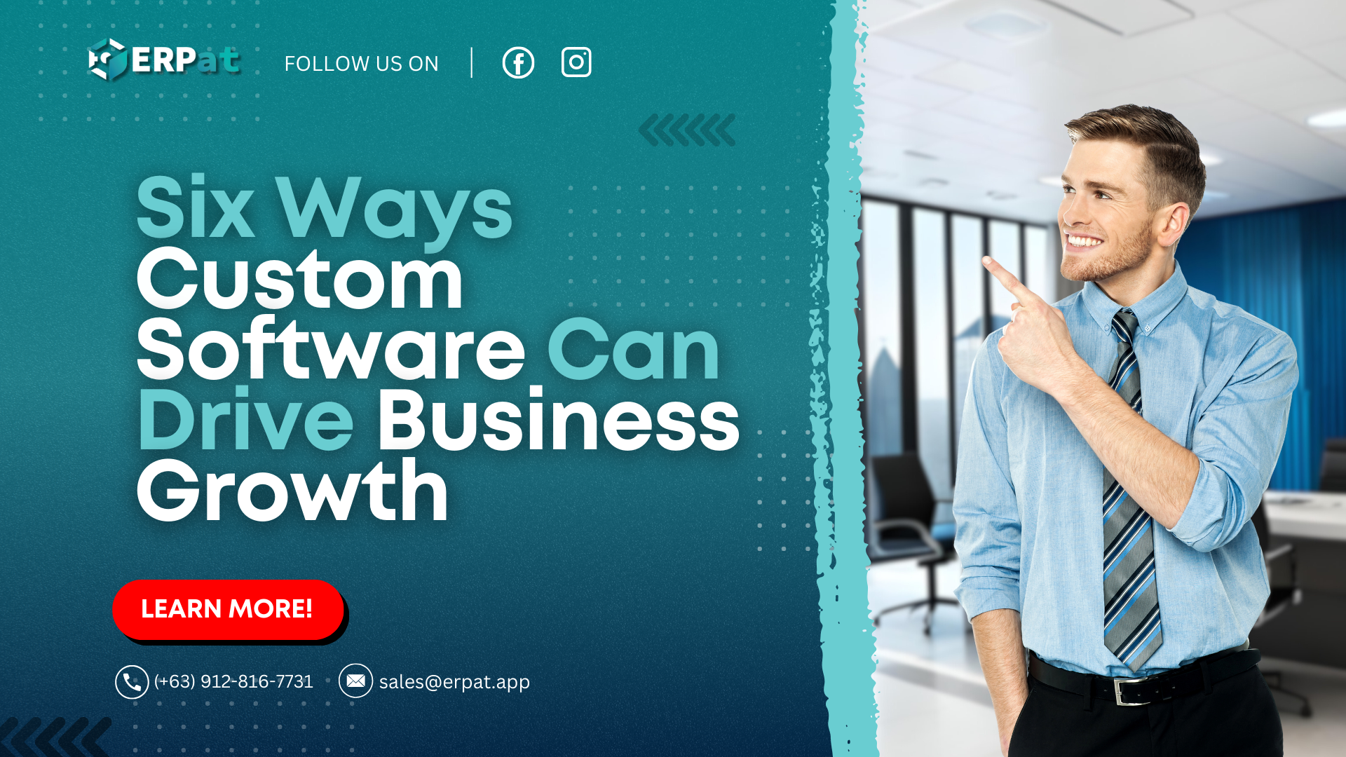 A business-themed graphic with the title "6 Ways Custom Software Can Drive Business Growth."