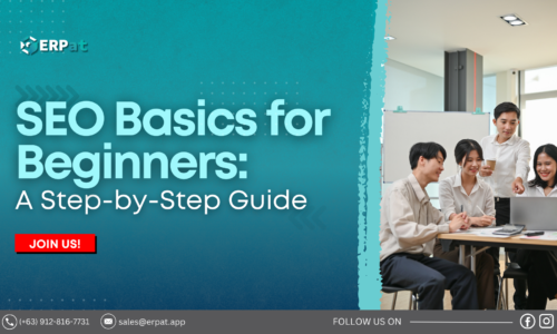 A business-themed graphic with the title "SEO Basics for Beginners: A Step-by-Step Guide."
