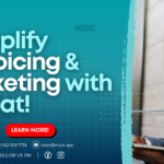 A business-themed graphic with the title "Simplify Invoicing and Ticketing with ERPat."
