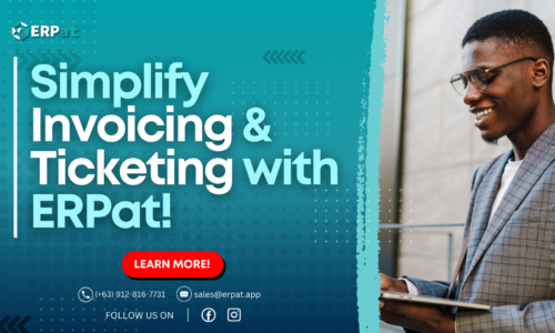 A business-themed graphic with the title "Simplify Invoicing and Ticketing with ERPat."