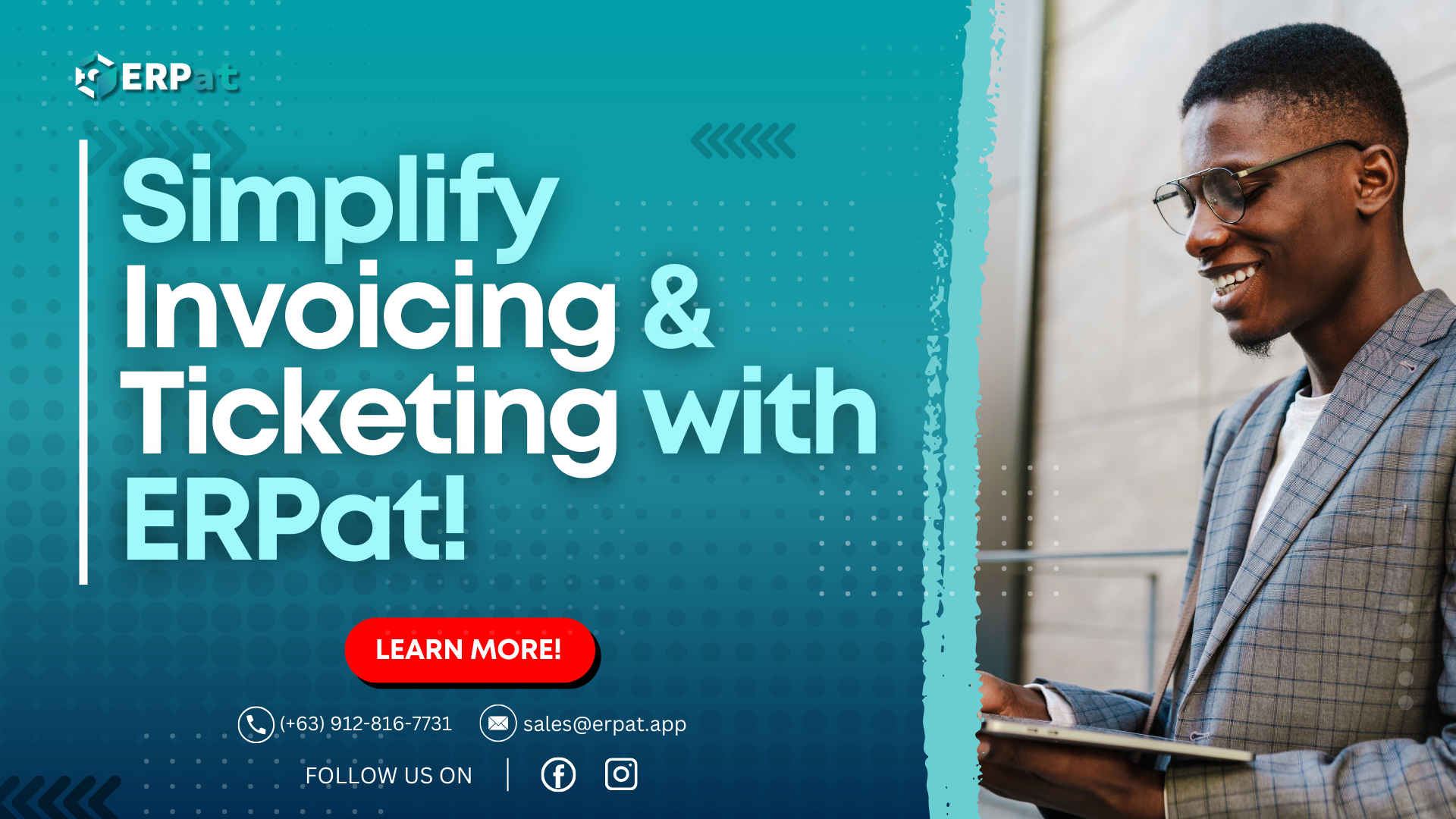 A business-themed graphic with the title "Simplify Invoicing and Ticketing with ERPat."