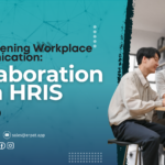 A business-themed graphic with the title "How HRIS Enhances Communication and Collaboration within Companies."