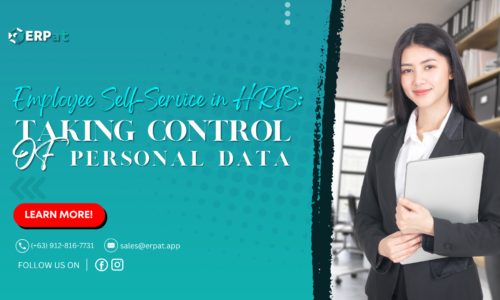 A business-themed graphic with the title "Self-Service Features in HRIS: Empowering Employees to Manage Their Own Data."