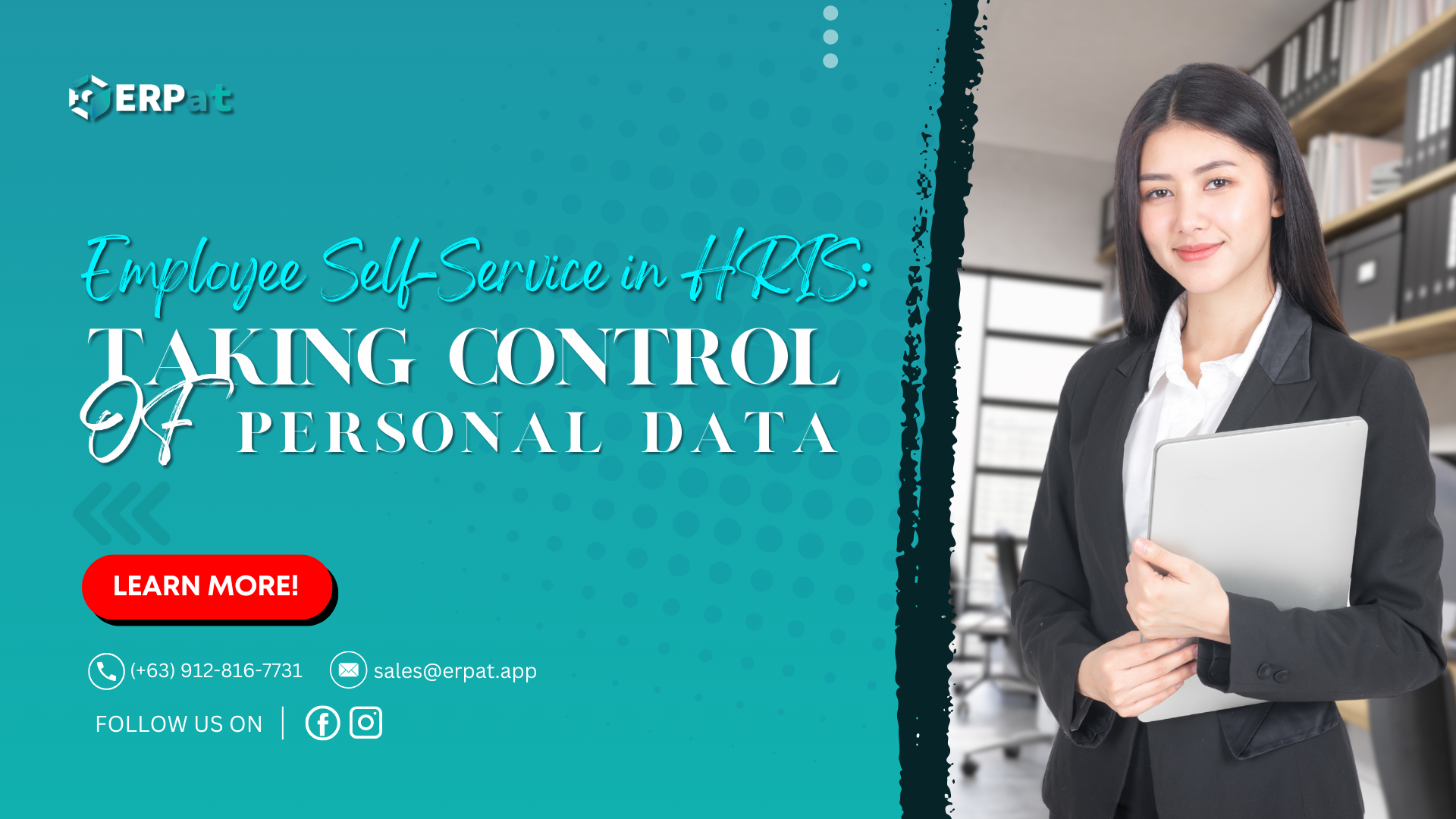 A business-themed graphic with the title "Self-Service Features in HRIS: Empowering Employees to Manage Their Own Data."