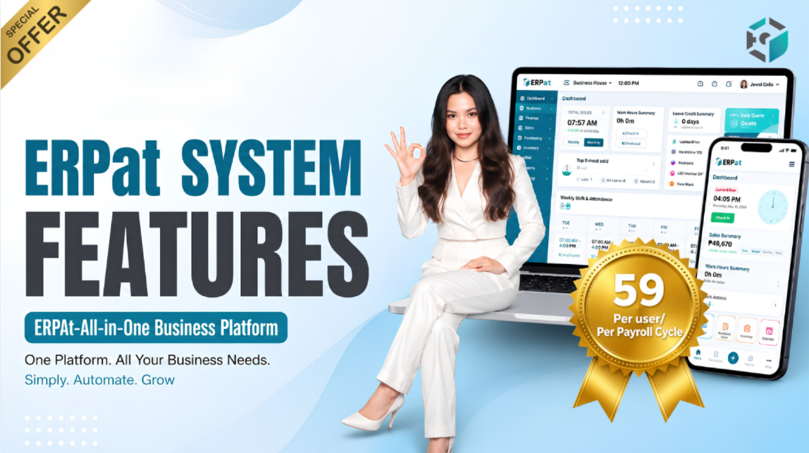 Woman seating on the table, promoting ERPAT SYSTEM HRIS AND PAYROLL SYSTEM in the Philippines